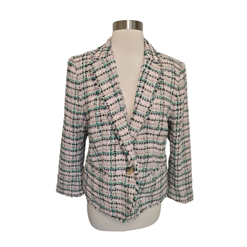Ann Taylor Fringe Tweed Blazer Jacket Pink Green Plaid Womens Size  8 NWT